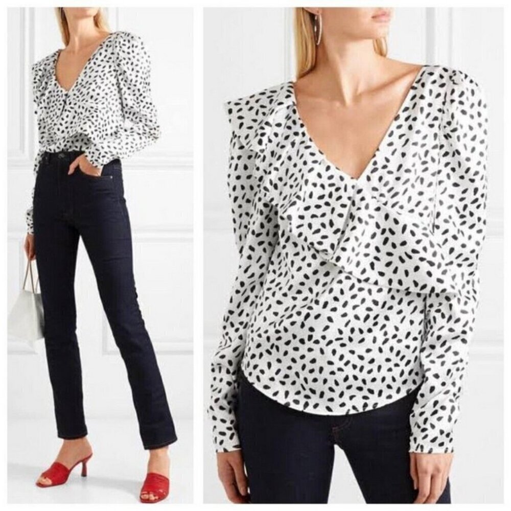 💕SELF-PORTRAIT💕 Polka Dot Satin Long Sleeve Ruffled V-Neck Blouse US 4 NWOT